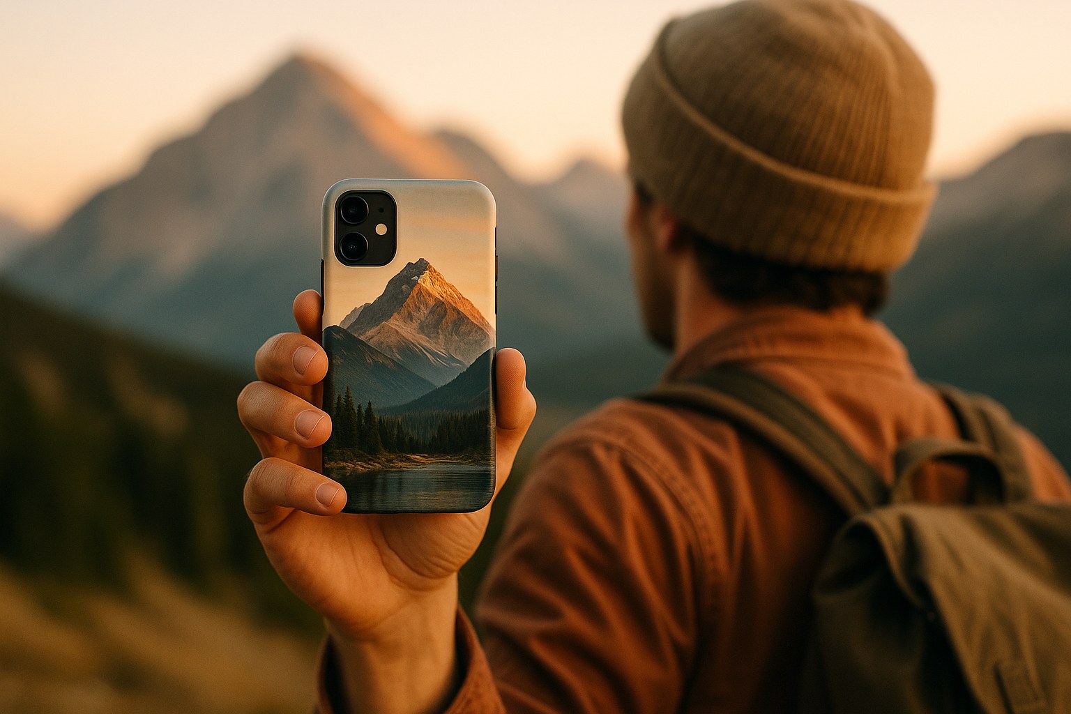 Kendi fotoğrafıyla bastırılmış telefon kılıfını doğada tutan kişi