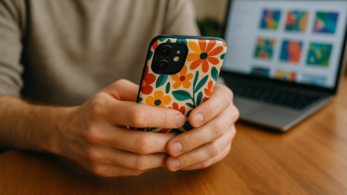 Elde tutulan, üzerinde tasarım baskılı bir telefon kılıfı yakın çekim