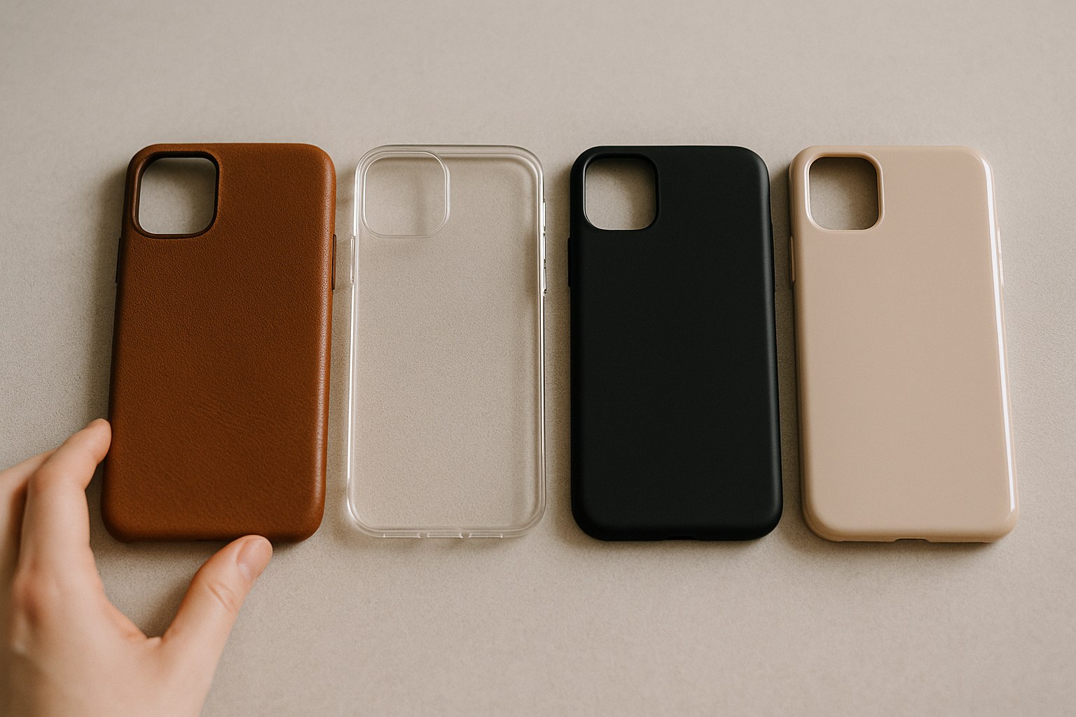 Farklı telefon kılıfı çeşitlerinin karşılaştırmalı flatlay görüntüsü