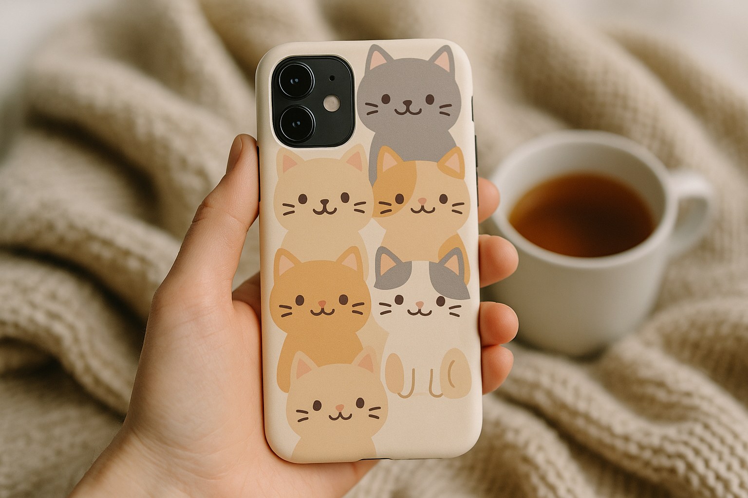 Kedi temalı telefon kılıfını elinde tutan kişi