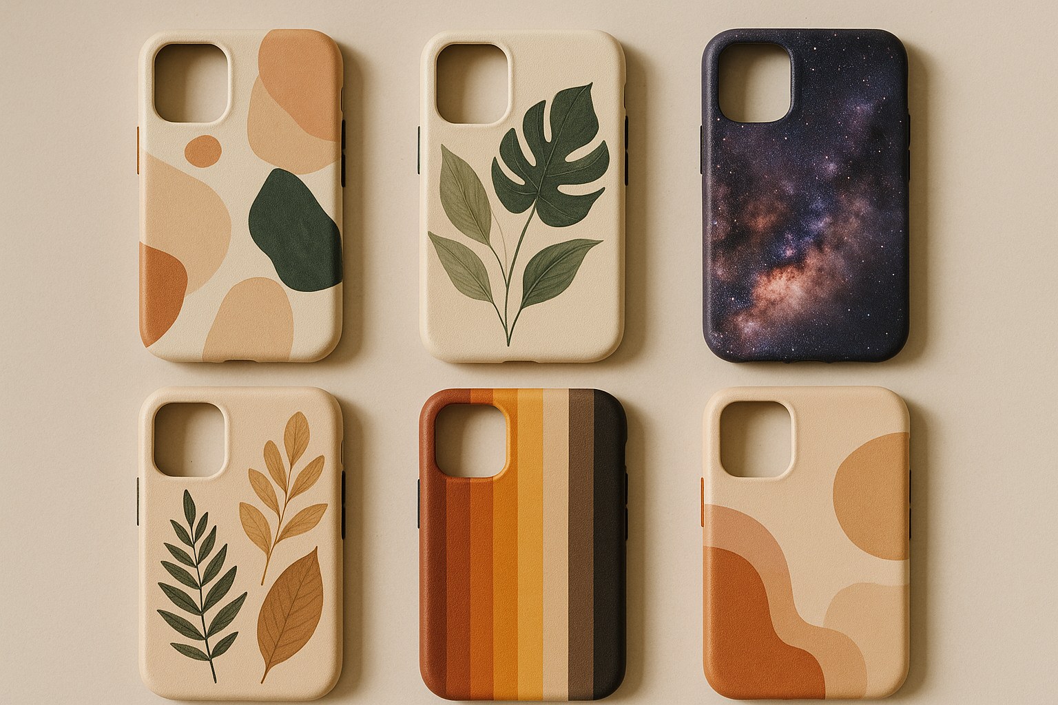 Trend telefon kılıfı temalarından oluşan flatlay düzenlemesi