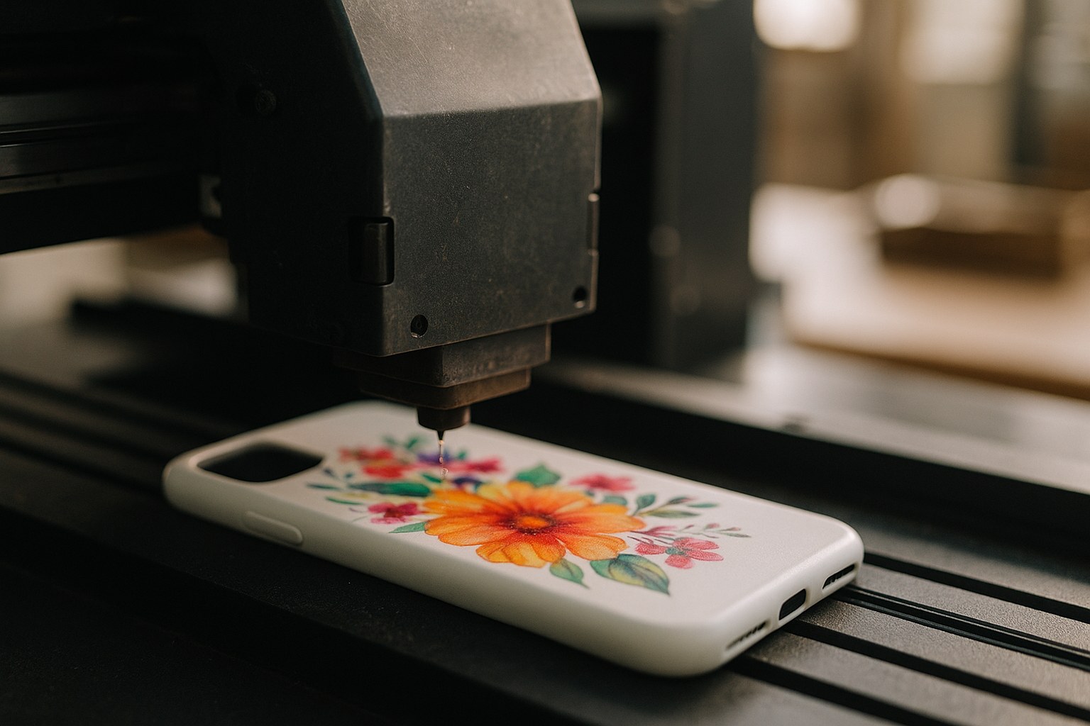UV baskı makinesinin telefon kılıfına renkli desen basması